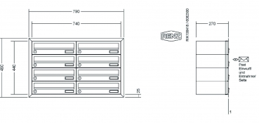 RENZ Briefkastenanlage Unterputz, Eckrahmen, Edelstahl V4A, Kastenformat 370x110x270mm, 8-teilig